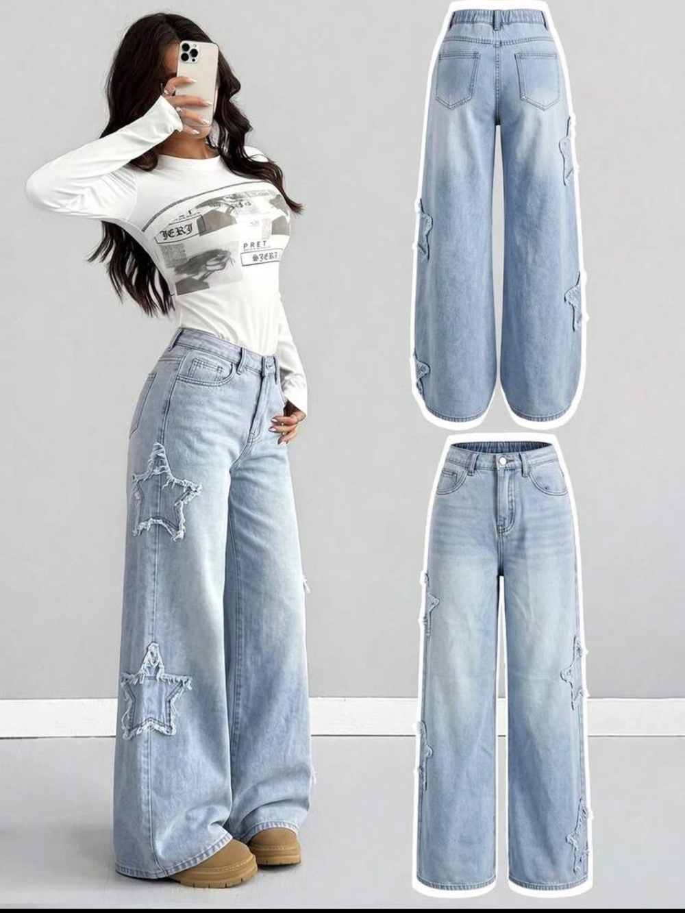 🌟 Wide Leg Jeans with Star Appliqués